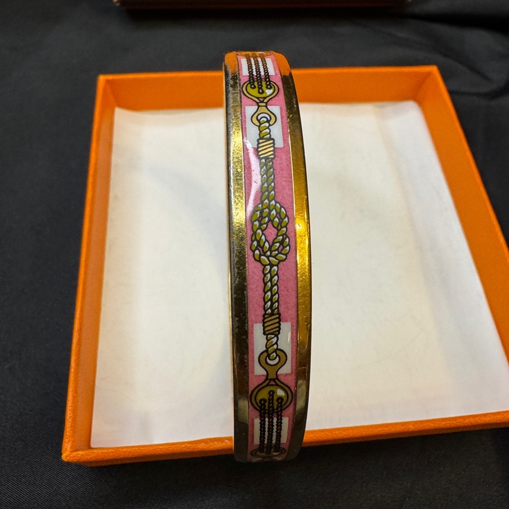 Hermes Paris Pink Enamel Gold Bangle Bracelet with Box